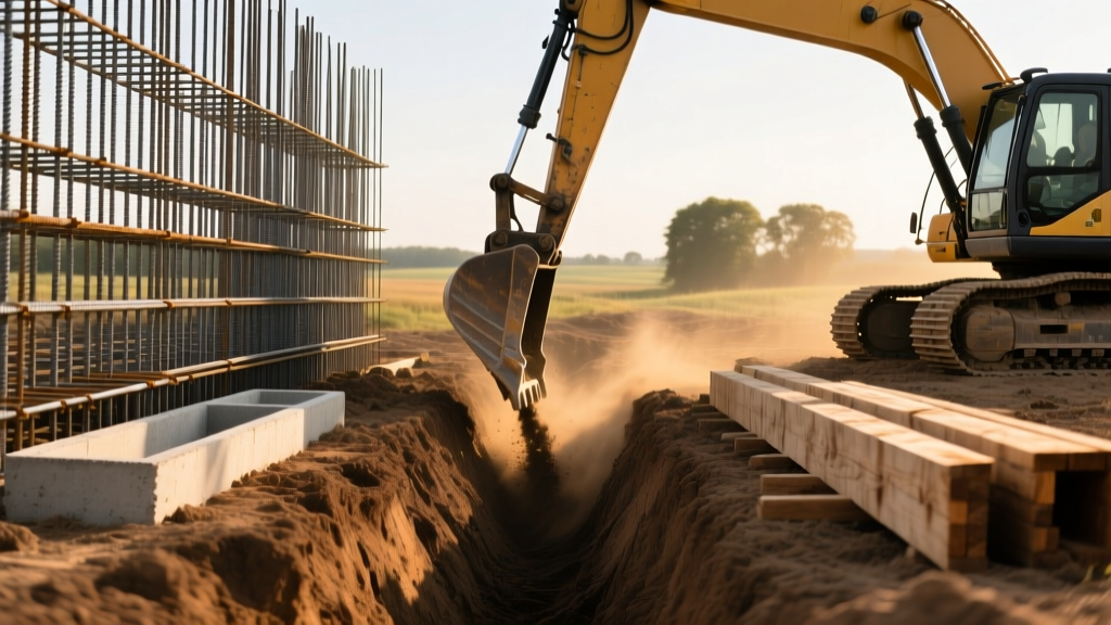 Excavator digging a deep trench next to stacked steel rebar grids and wooden concrete forms for an underground bunker foundation in rural terrain