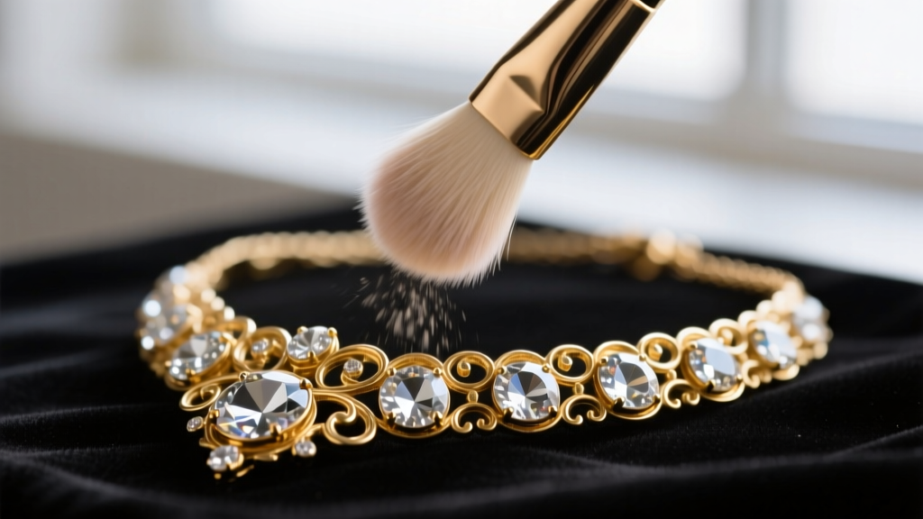 A soft makeup brush gently dusting the foil-backed glass rhinestones of a vintage gold necklace, showing careful precision.
