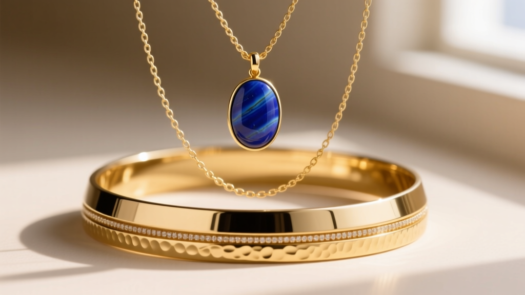 Close-up of a layered 70s style jewelry stack featuring a 16-inch gold choker, 18-inch lapis lazuli pendant, and a 24-inch chain.