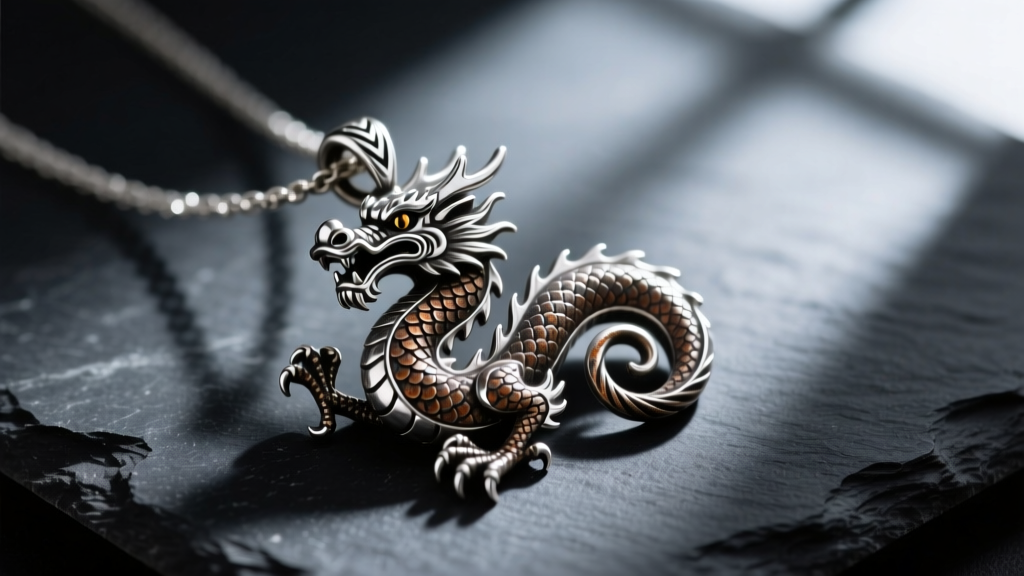 Close-up of a highly detailed oxidized sterling silver dragon pendant necklace resting on dark slate, dramatic moody lighting