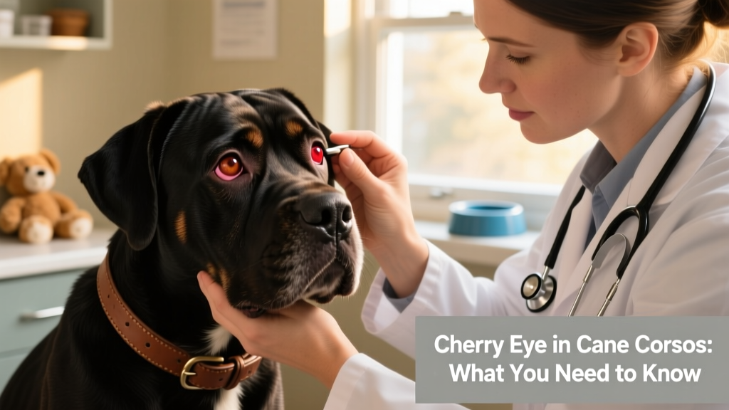 Cane corso with cherry eye being looked at by the vet