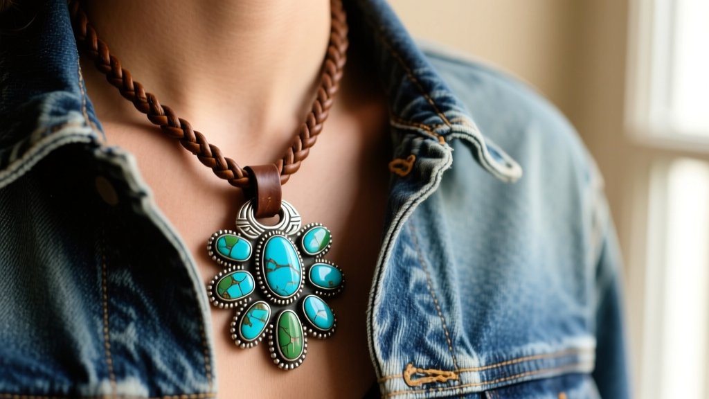 Close-up of a vintage Zuni turquoise and silver cluster slide on a braided leather cowboy tie necklace worn with a denim jacket