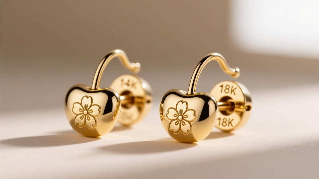 Close-up of two gold cherry earring posts stamped 14k and 18k, showing thickness and hallmark engravings on the friction backs.