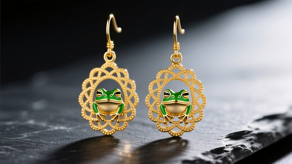 Close-up of 14k yellow gold Puerto Rican filigree drop earrings featuring a tiny coqui frog motif, resting on dark slate.