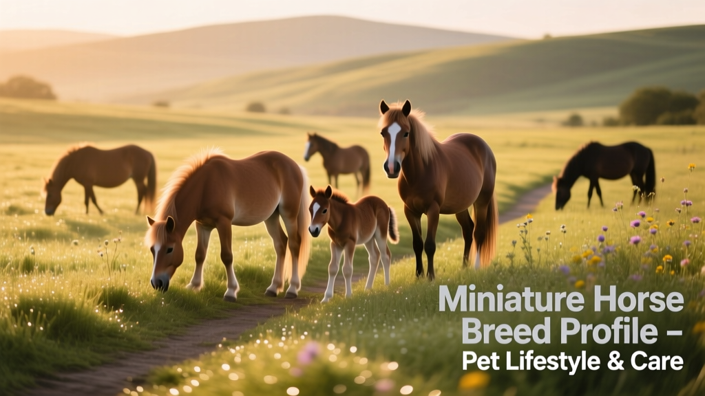 Herd of miniature horses grazing peacefully in a sunlit pasture