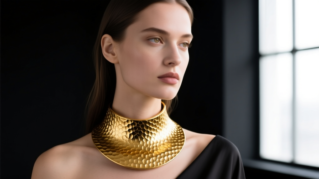 Editorial shot of a model wearing a heavy matte 24k gold collar necklace with hammered textures against a dark studio backdrop