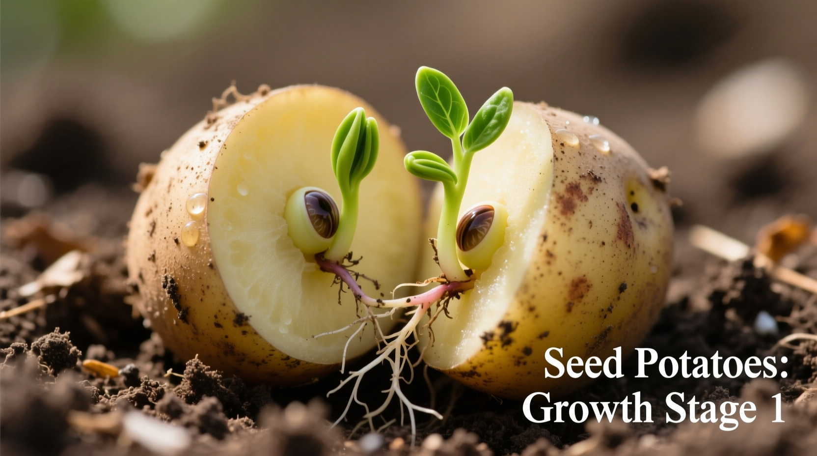 Seed potatoes cut with eyes showing growth