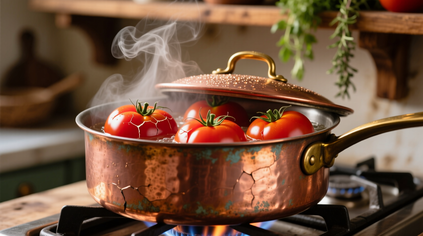 Fresh tomatoes simmering in copper pot