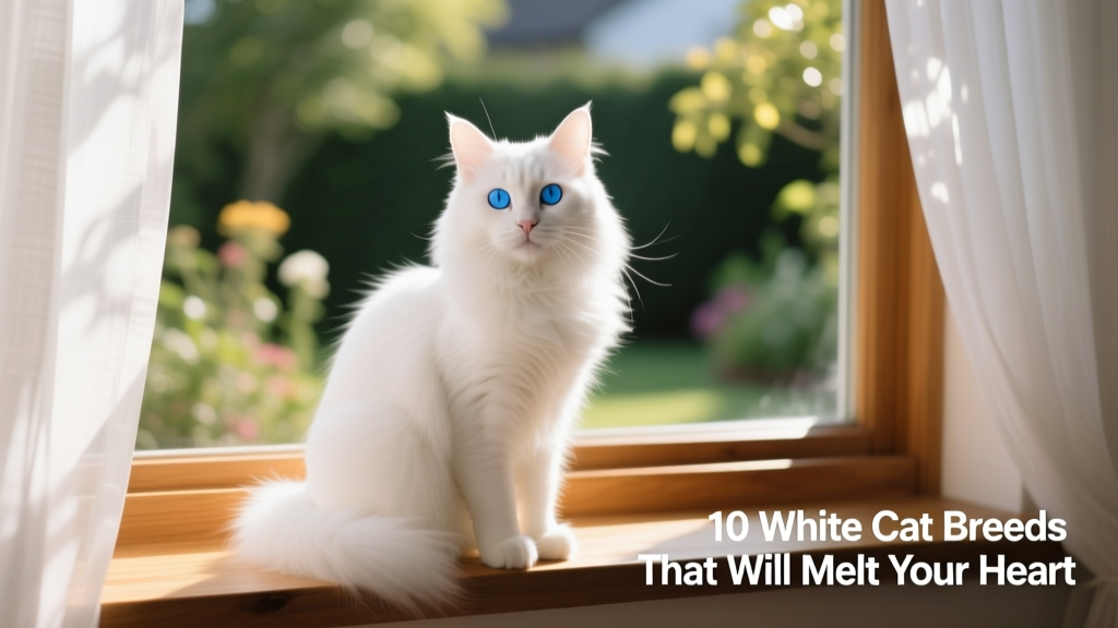 A pure white Turkish Angora cat sitting gracefully on a sunlit windowsill, with bright blue eyes and silky fur