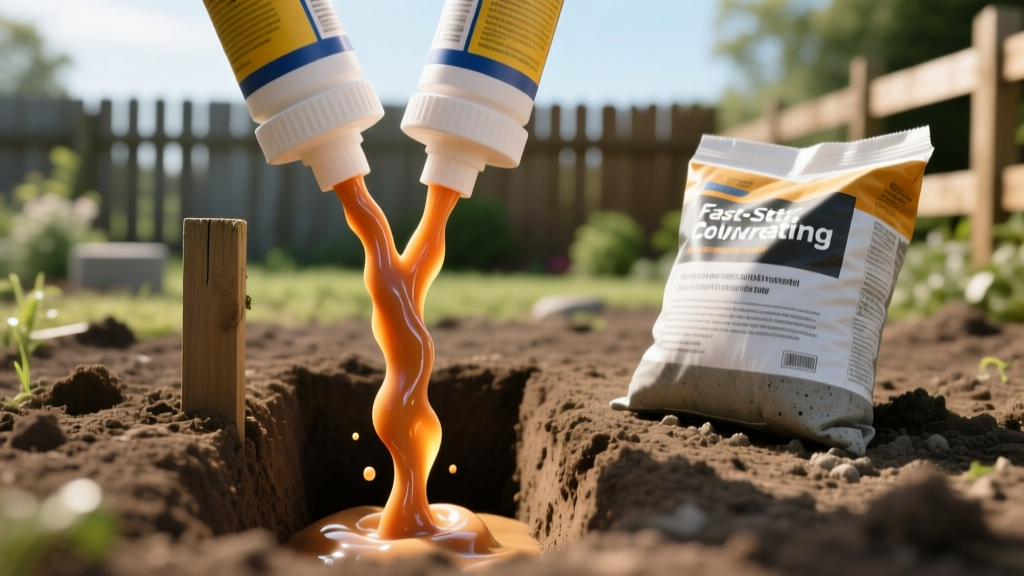 Close-up of a two-part expanding polyurethane foam kit being poured into a narrow fence post hole next to a traditional bag of fast-setting concrete mix