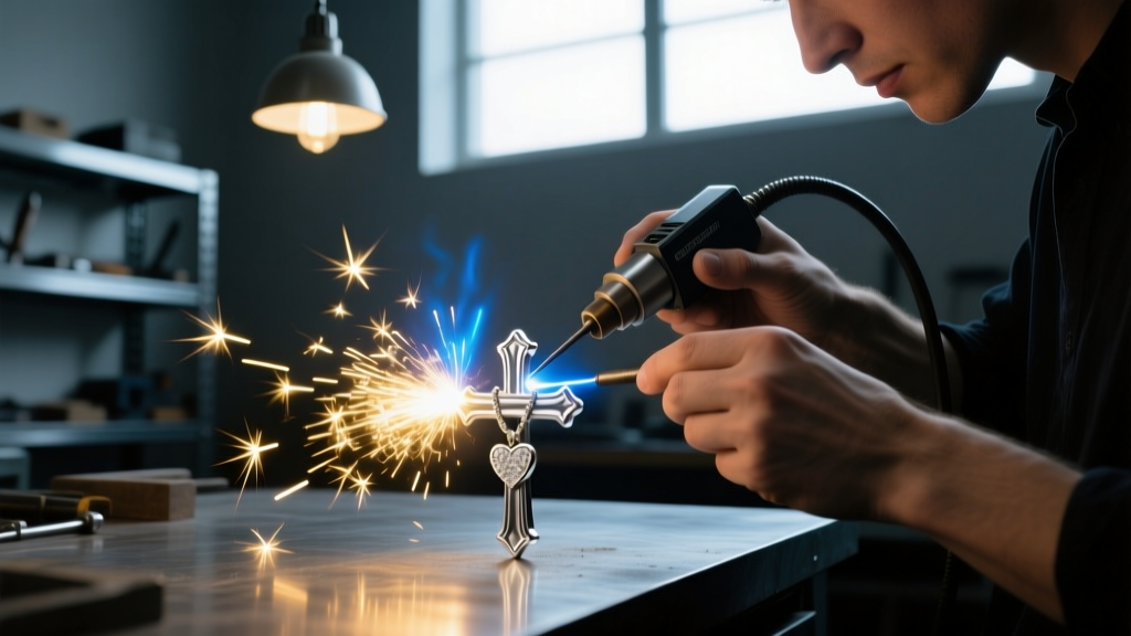 Jeweler using a laser welder on a platinum cross with a heart necklace bail, bright sparks visible in a dark, focused workshop.