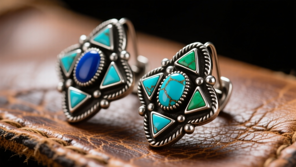 Close-up of heavily oxidized sterling silver western earrings with turquoise inlays resting on weathered leather, studio lighting
