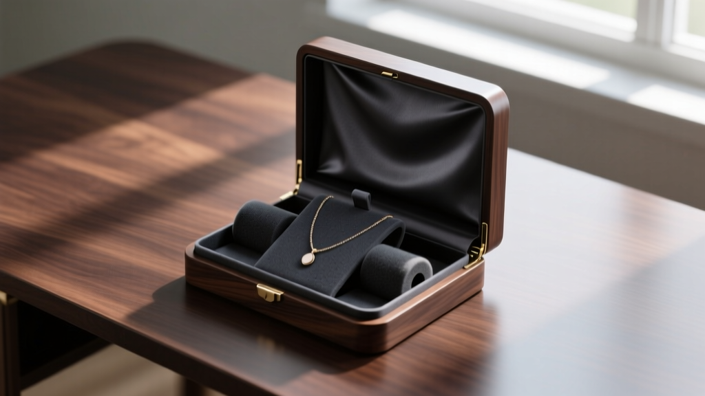 Custom box necklace holder with foam tension rolls and anti-tarnish cloth lining, viewed from above on a dark wooden desk.