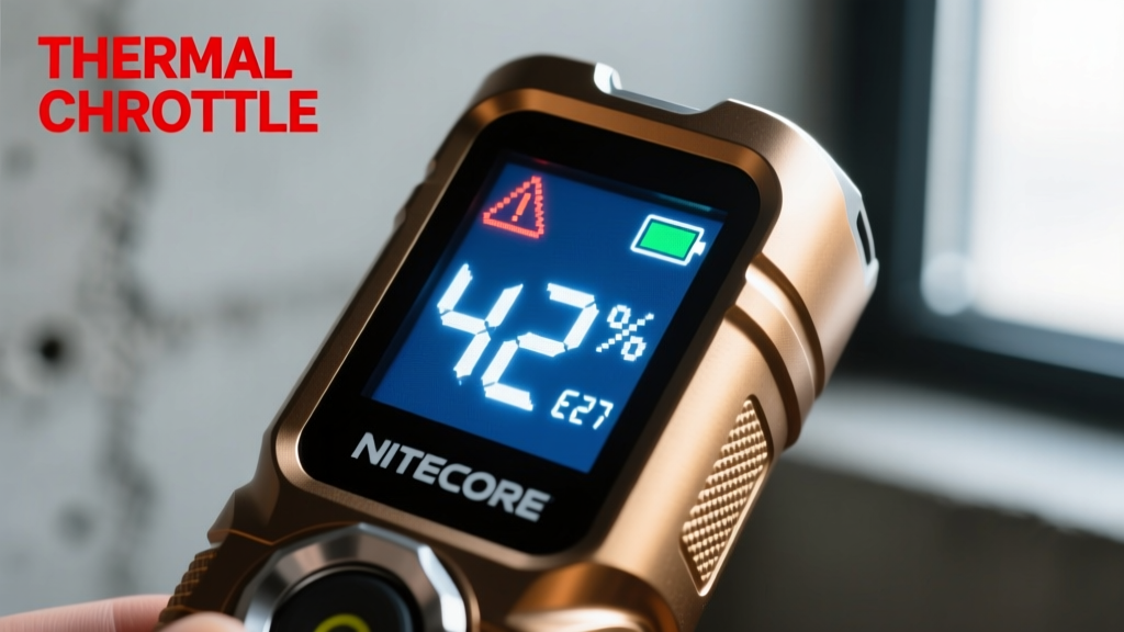 Close-up of a Nitecore EDC27 flashlight OLED display showing battery percentage and thermal throttling warning during high-turbo use