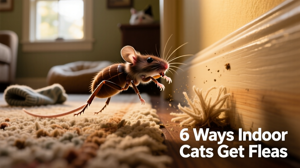 Illustration showing fleas transferring from a mouse to household carpet fibers near baseboards