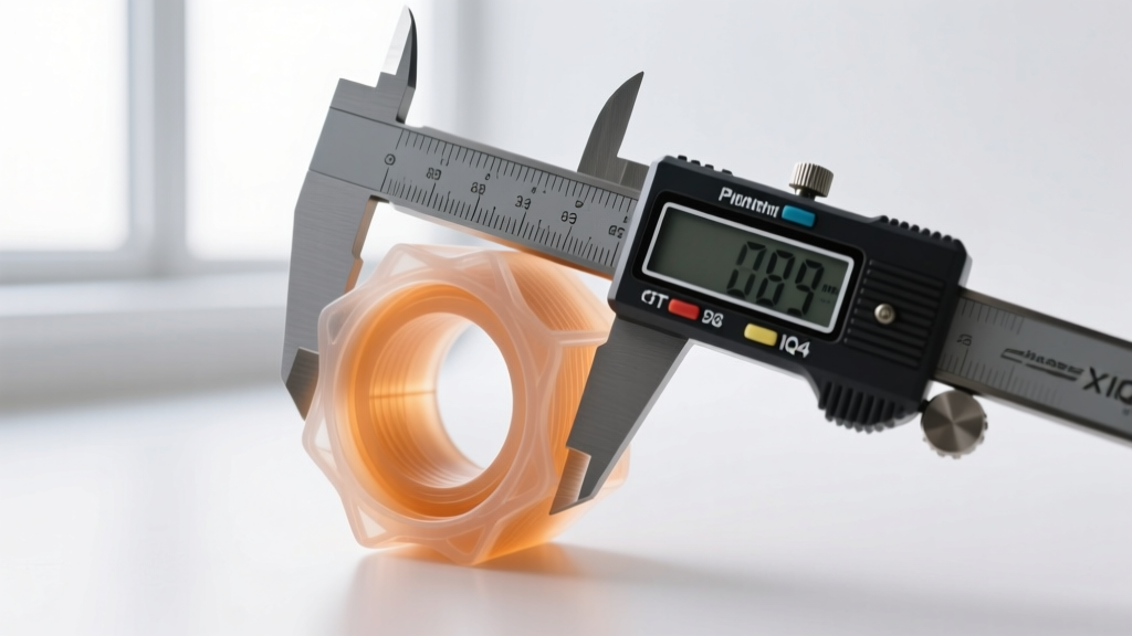 A digital caliper measuring the precise inner diameter of a custom 3D printed PETG bearing mount, demonstrating tight engineering tolerances.