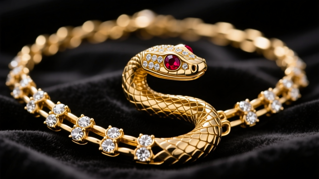 Close-up of an antique Victorian articulated gold serpent necklace with rose-cut diamonds and ruby eyes resting on dark velvet