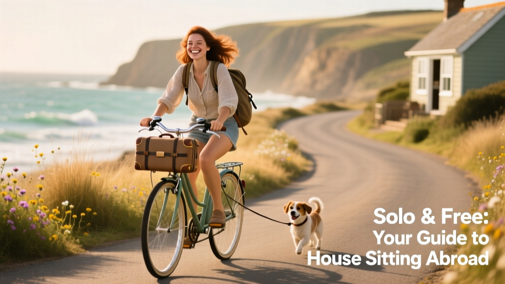 A solo woman smiling while cycling down a sunlit coastal road, backpack and small suitcase strapped to her bike