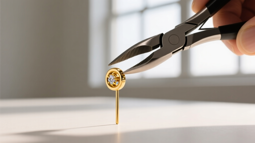 Jeweler using nylon pliers to squeeze a 14k gold push back earring clutch, restoring tension on a 0.9mm post under bright light.