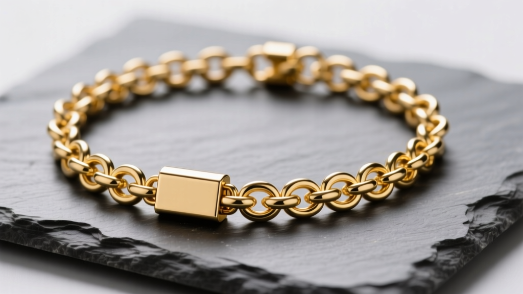 Macro shot of a 14k gold mens byzantine necklace on slate, showing interlocking jump rings and a box clasp under studio light.