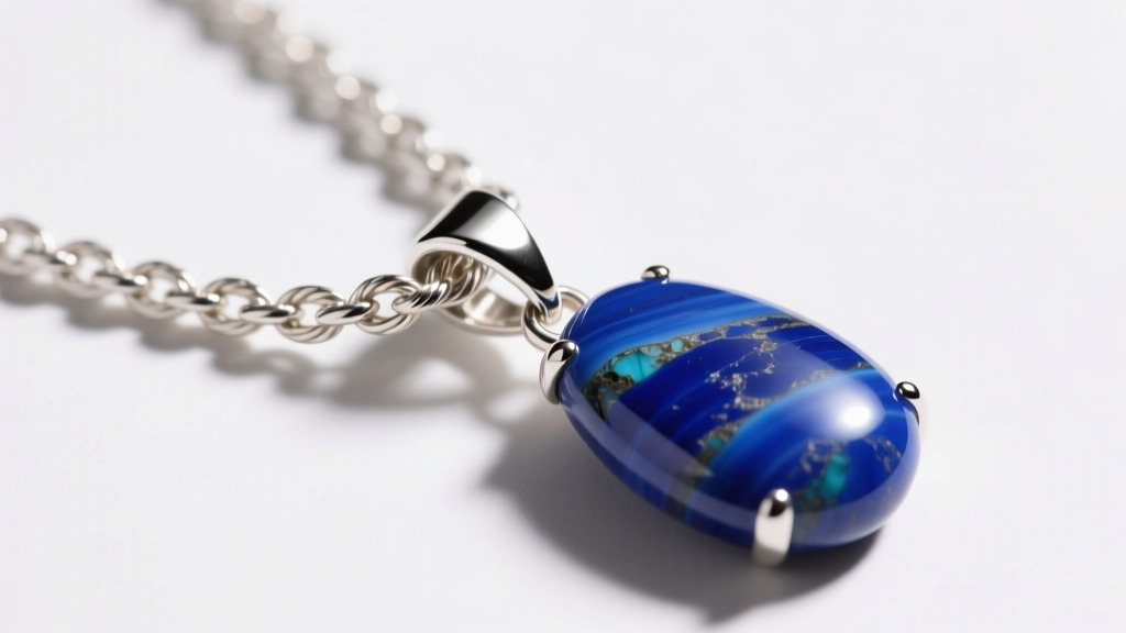Macro shot of a 925 sterling silver rope chain threading through a polished lapis lazuli pendant bail under warm studio lighting.