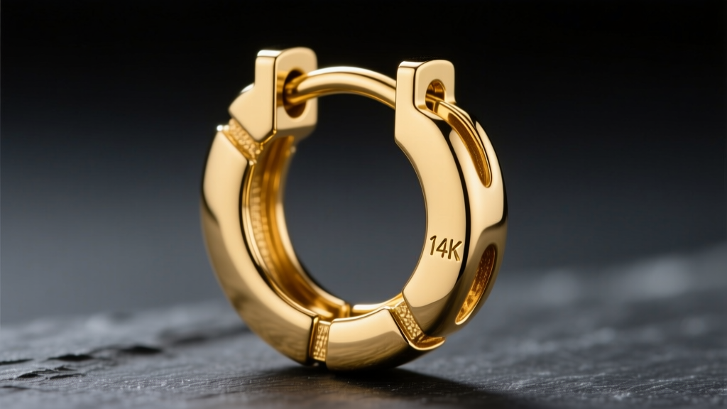 Macro shot of a 14k solid gold huggie earring hinge mechanism, showing the snap closure and hallmark stamp against dark slate