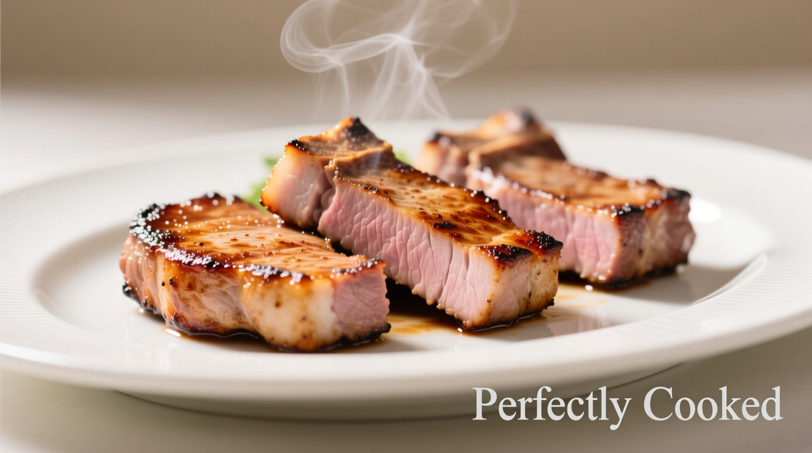 Perfectly cooked pork chops with golden crust on white plate