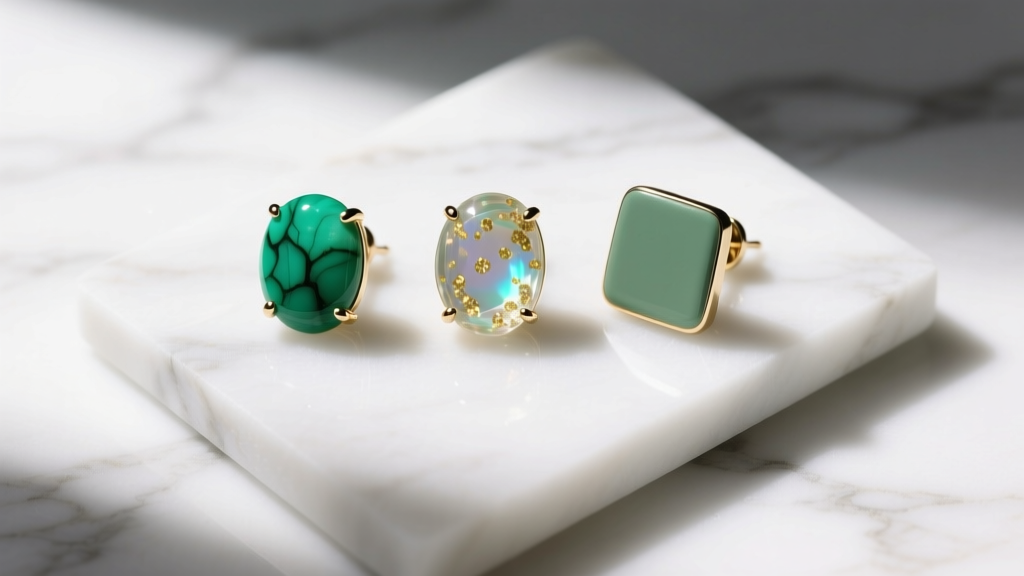 Overhead flat lay comparing sage green chrysoprase, aventurine, and enamel stud earrings resting on white marble slab in daylight