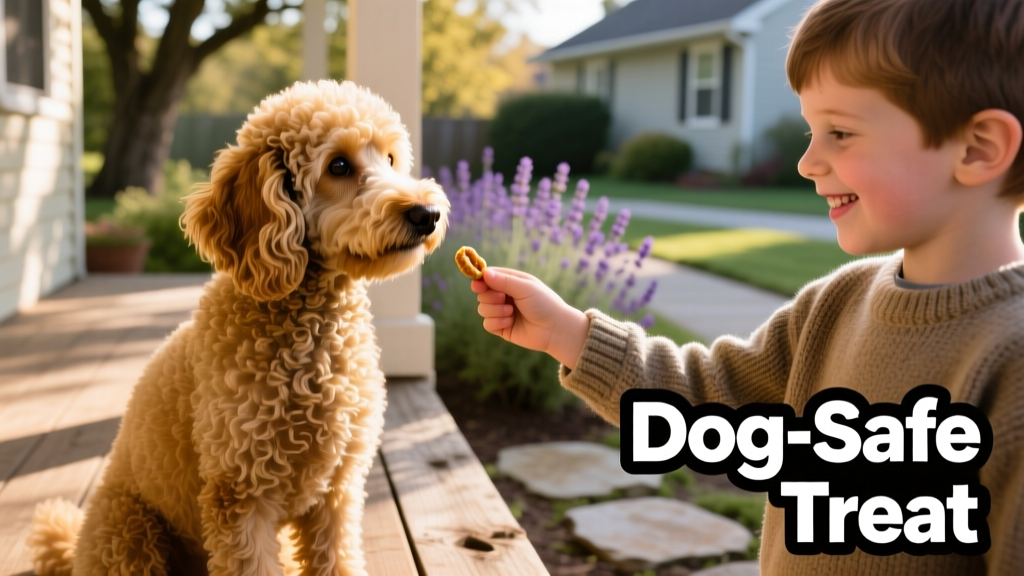 A therapy poodle receiving a treat from a child’s outstretched hand, demonstrating safe, supervised interaction with approved snacks