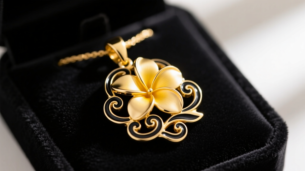 Close-up of a 14k yellow gold Hawaiian plumeria pendant with black enamel scrollwork resting on a dark velvet jewelry display pad