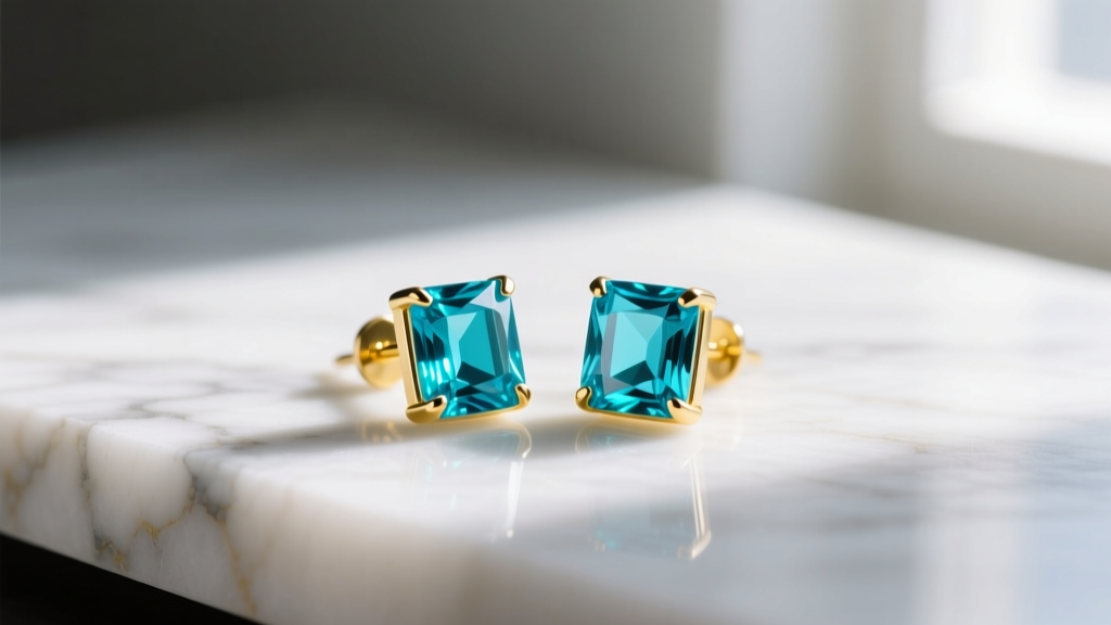 Close-up of neon blue apatite stud earrings in 14k yellow gold bezels, resting on white marble with soft natural window lighting.