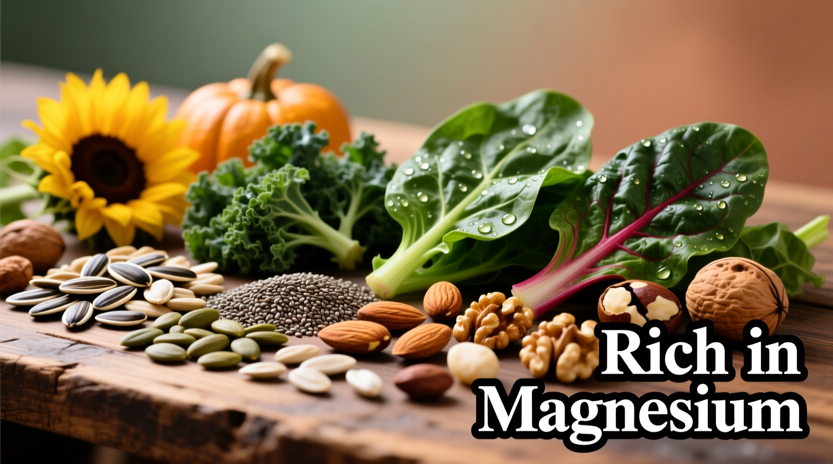 Colorful display of magnesium-rich foods including seeds, greens, and nuts