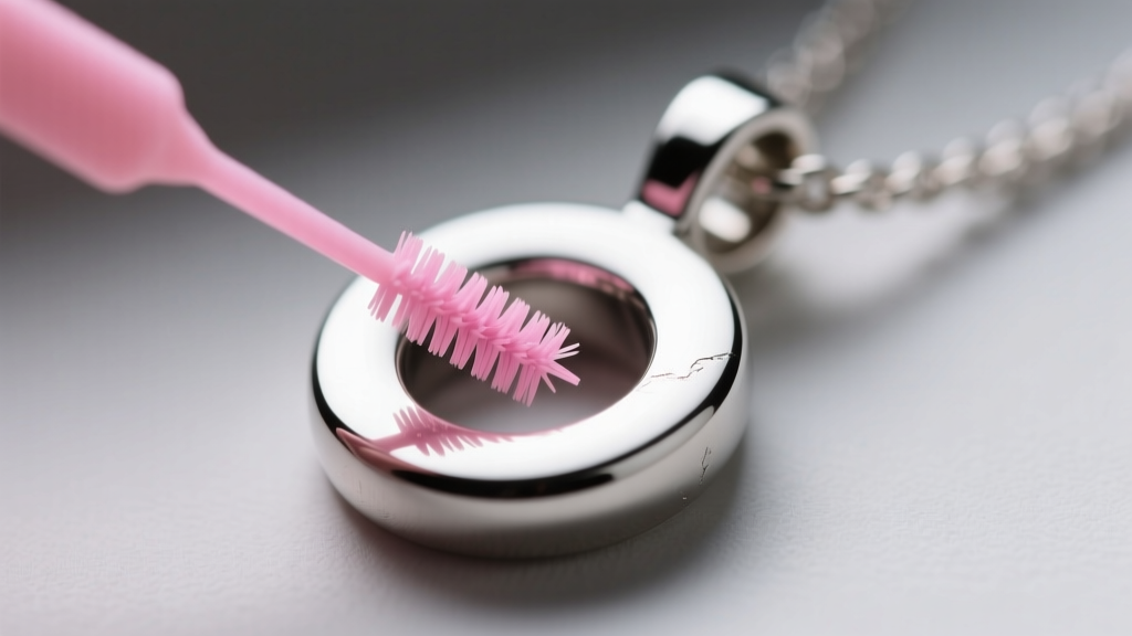 Close-up of a 0.4mm pink interdental brush gently inserted into one of the dual holes of a stainless steel necklace pendant.