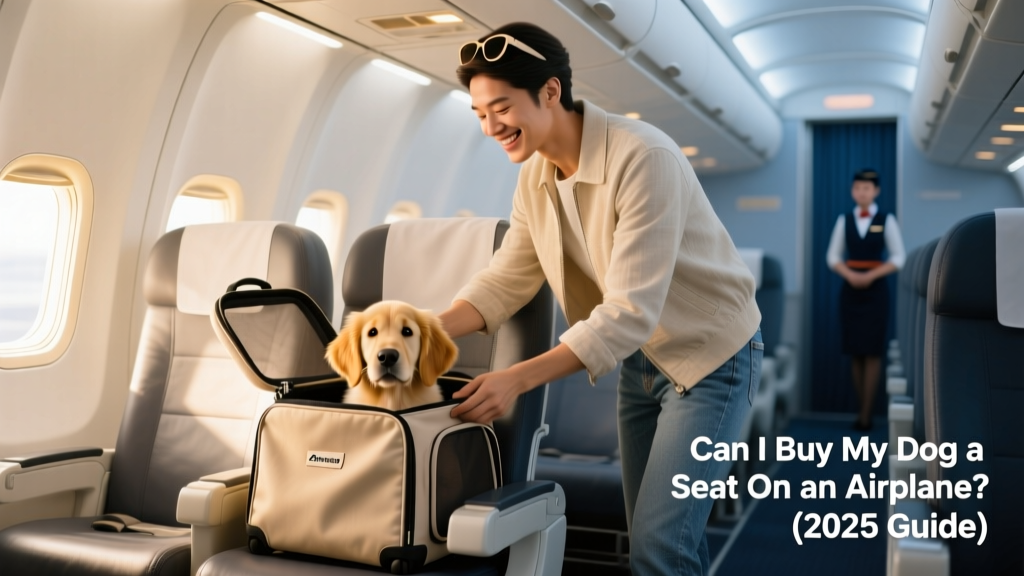 A traveler smiling as they gently place a cozy, airline-approved dog carrier onto an empty airplane seat beside them