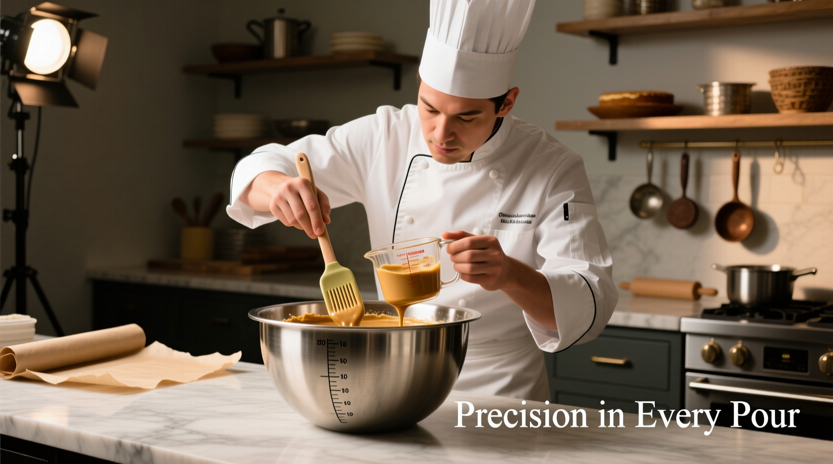 Professional chef measuring cake batter in mixing bowl