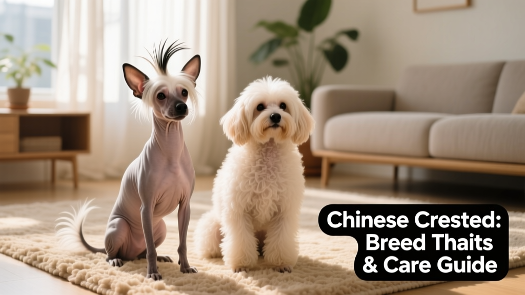 Two Chinese Cresteds—one hairless with prominent crest and plume, one powderpuff with full silky coat—posing side by side on a cozy rug