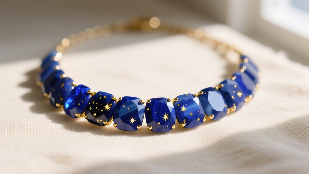 Macro shot of a lapis lazuli chip necklace on cream linen, showing deep blue stones with golden pyrite flecks in soft light.