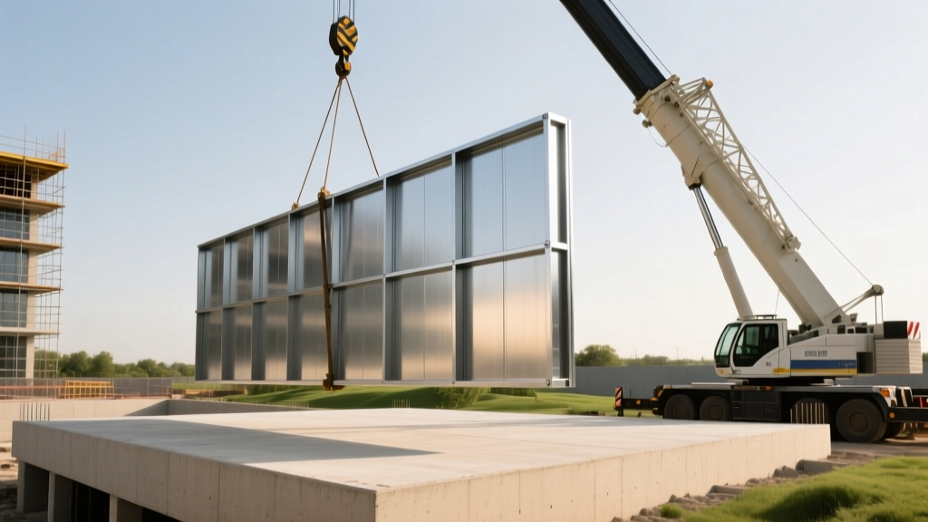 Crane lifting a prefabricated cold-formed steel wall panel onto a concrete foundation slab at a mid-rise commercial construction site.