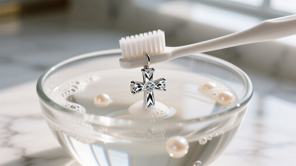 Soft-bristled toothbrush gently cleaning a platinum diamond cross earring in a glass bowl of warm soapy water, macro photography