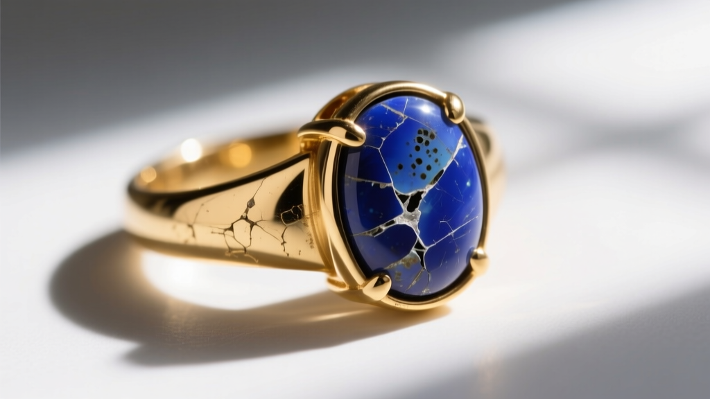 Close-up of a 14k gold ring with a chipped lapis lazuli stone, showing porous surface damage and worn bezel under soft lighting