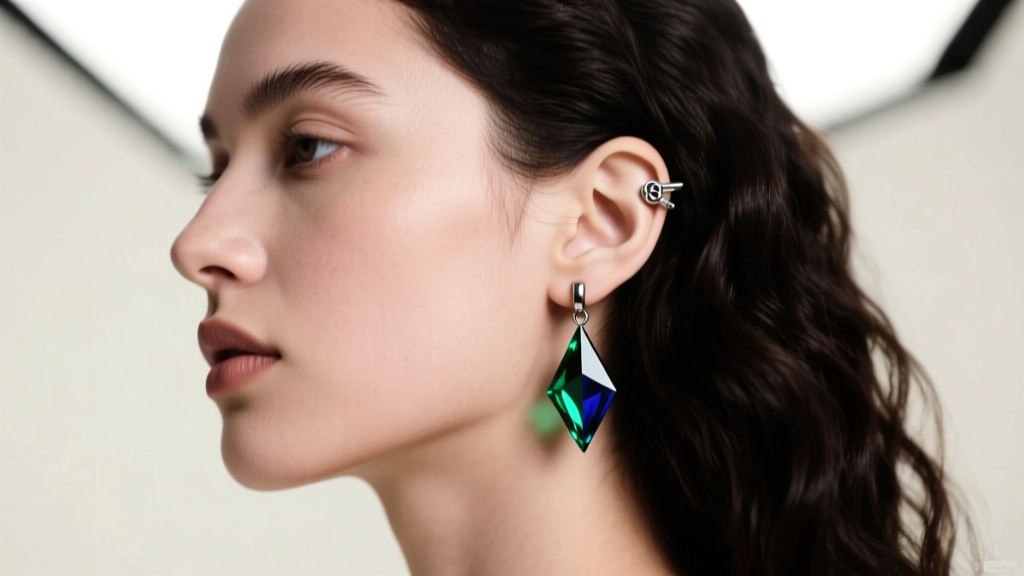 Side profile of a model wearing an 18-gauge titanium stud with a geometric resin drop attachment, soft studio lighting.