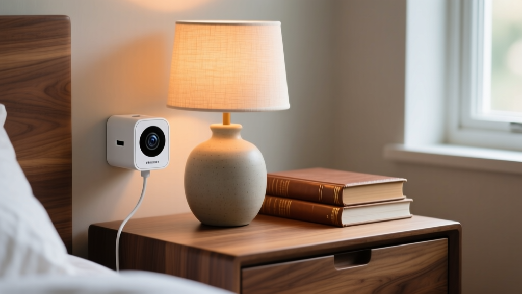 Close-up of a modern USB wall charger hidden camera blending seamlessly into a bedroom nightstand next to a lamp and book.
