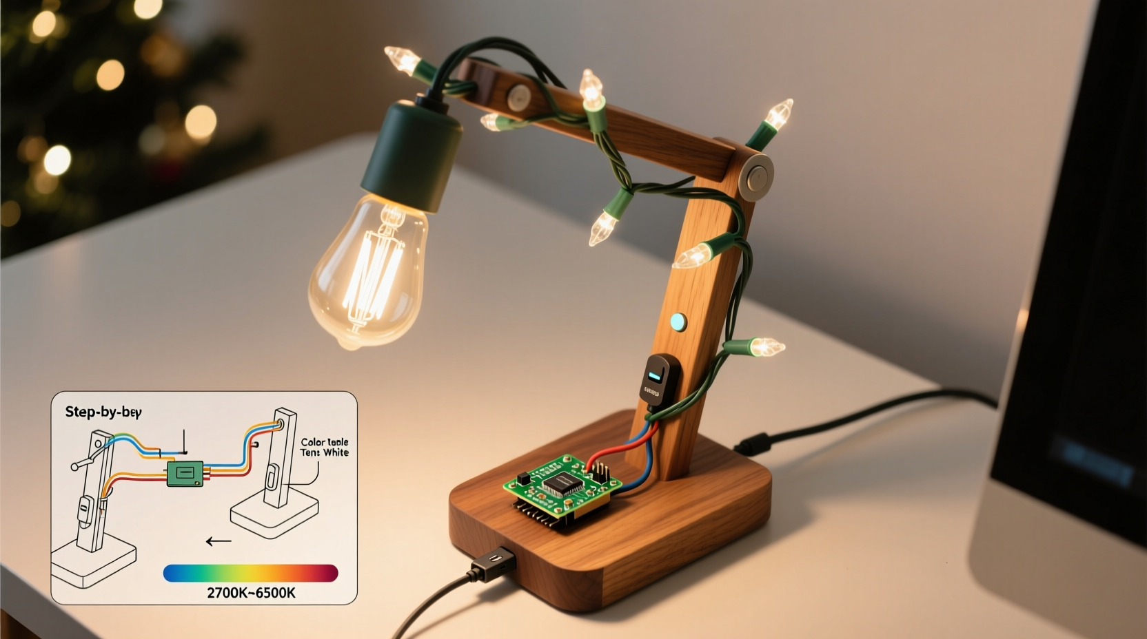 how to convert old christmas lights into functional desk lighting with adjustable color temp