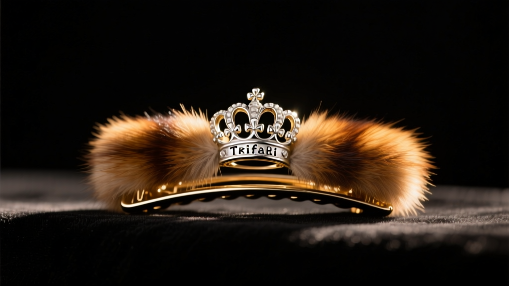Macro shot of a vintage Trifari fur clip with a crown hallmark on the back, resting on dark velvet under warm directional light.