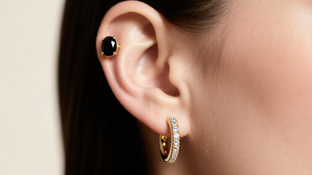 Profile view of a curated ear featuring a small onyx Sweet Alhambra stud on the upper lobe, paired with a diamond gold huggie hoop.