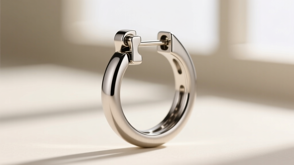 Side view of a hinged leverback earring clasp snapped shut on a surgical steel hoop with a subtle brushed matte finish.