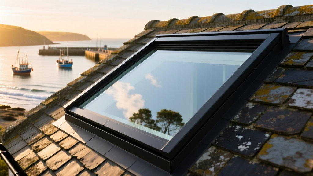 Flush-glazed conservation rooflight installed on a slate roof overlooking a coastal harbor, featuring matte black marine-grade aluminum framing