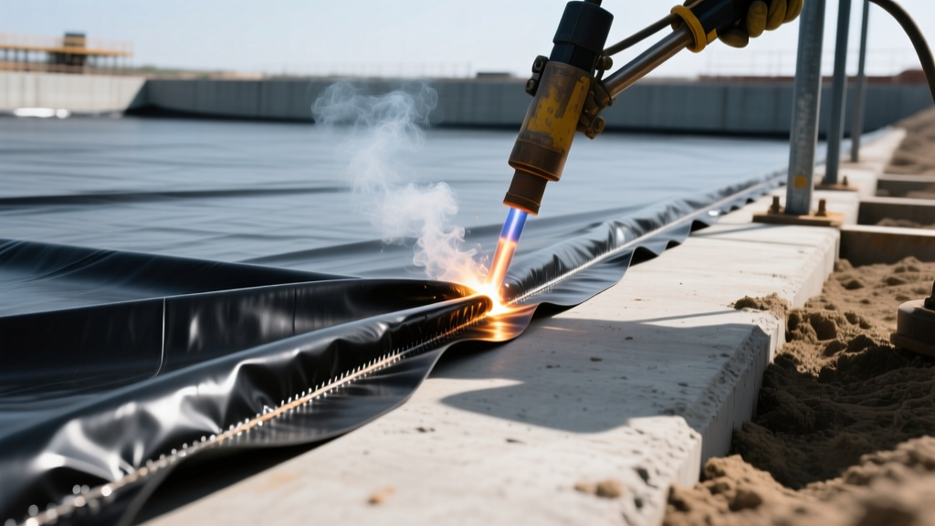 Smooth black ethylene vinyl acetate geomembrane liner being heat-welded at seams for a commercial water retention pond.