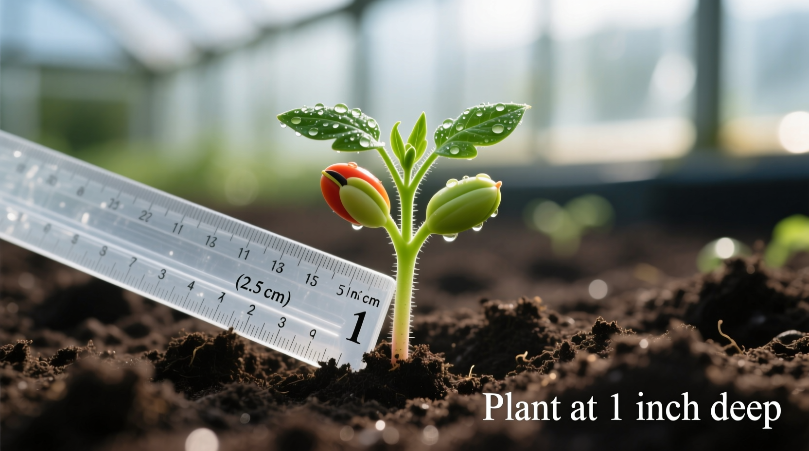 Tomato seedling emerging from soil with ruler showing proper depth