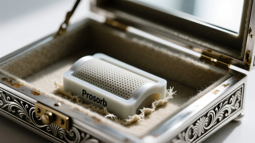 Macro shot of a Prosorb silica cassette hidden beneath a false archival felt floor inside an antique silver jewelry display case.